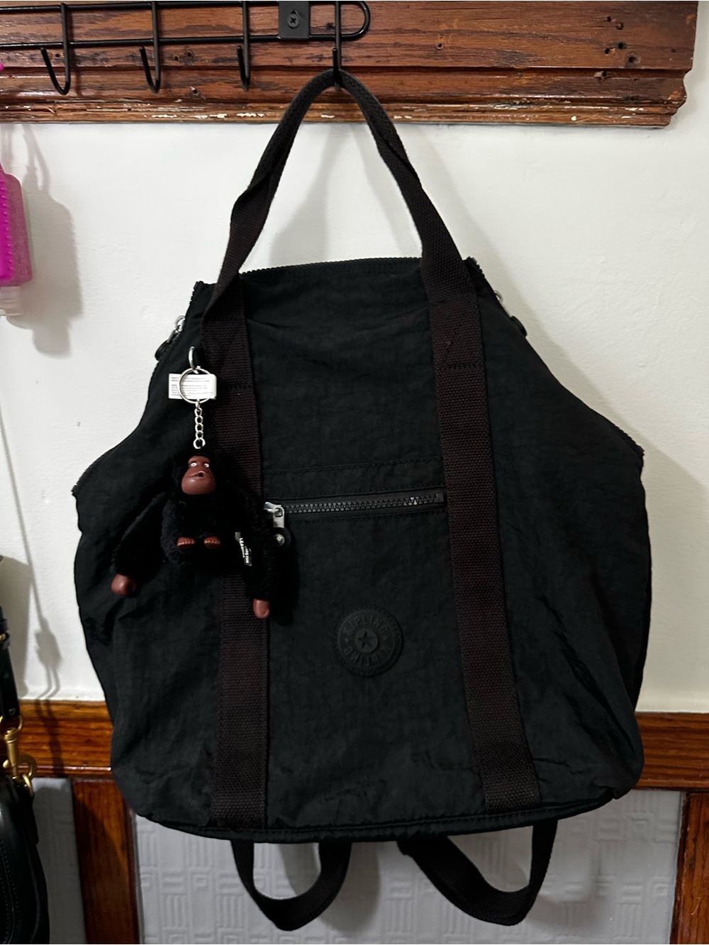 Kipling Black Nylon Convertible Tote-Backpack with Monkey Key Charm
